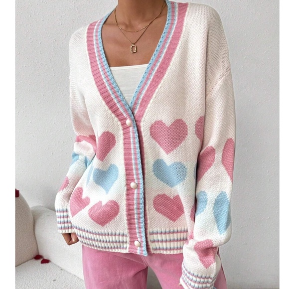 Heart Print Vday Valentine’s Oversized Button Down Cardigan - Picture 3 of 5
